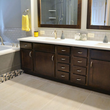 Completed custom double vanity quartz top tile backsplash new mirrors